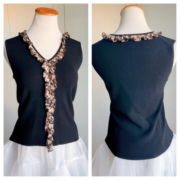 Vintage Ruffle Trim Ribbed Tank Top Black & Animal Print Detail Y2K Glam - Picture 2 of 9